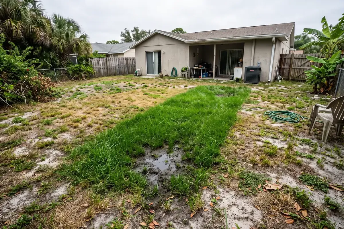Soggy, overly green grass over a failing septic drain field