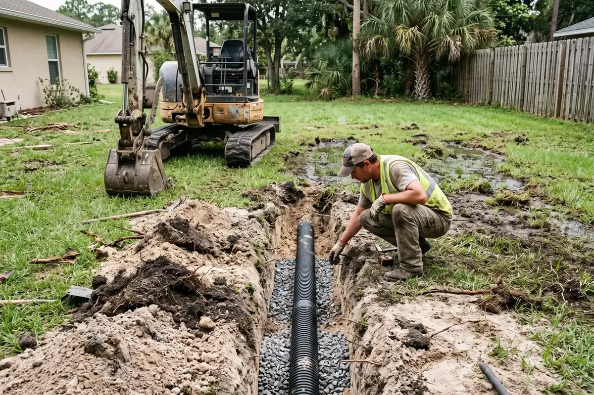 Drain field trench opened for repair in a sandy Ocala yard