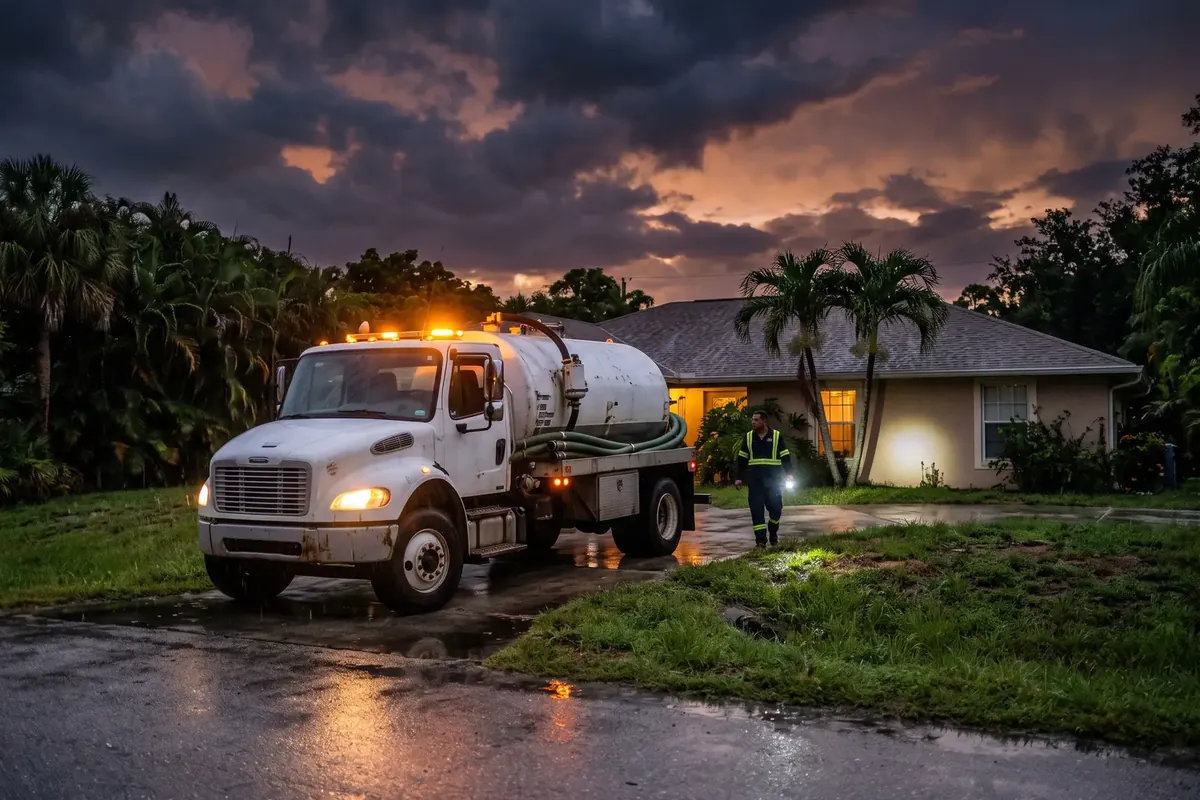 Septic truck arriving for an emergency call at dusk in Ocala