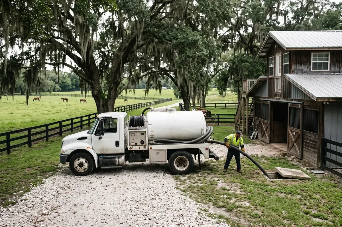 Septic pump truck at a horse farm in Ocala, Florida