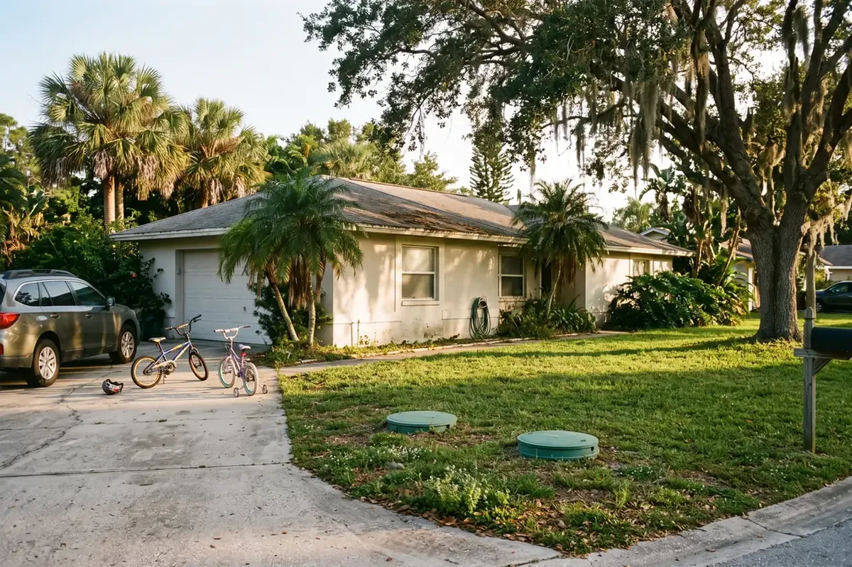 Family home with septic tank lids visible in the side yard in Florida