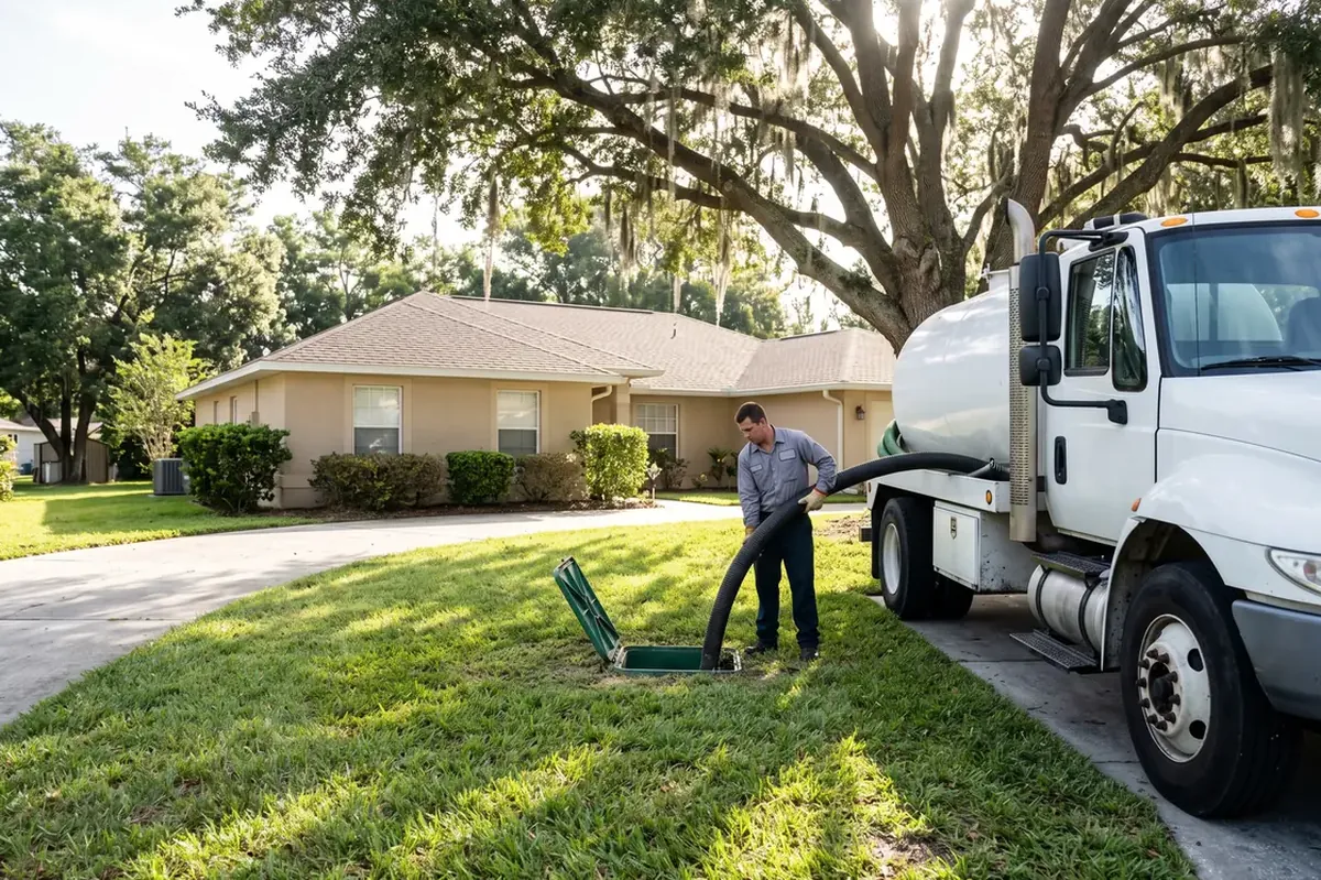 Septic pump truck servicing a home in Ocala, Florida