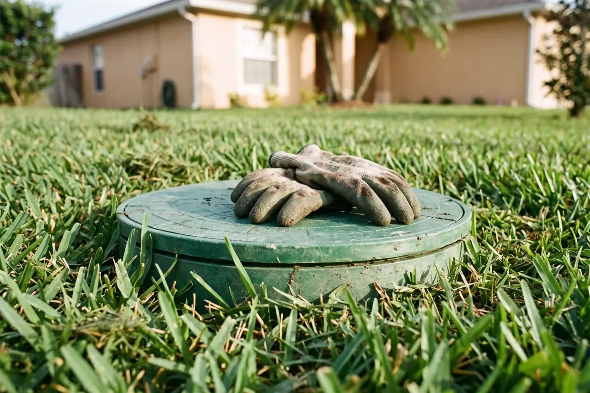Septic tank lid and riser in a Florida backyard