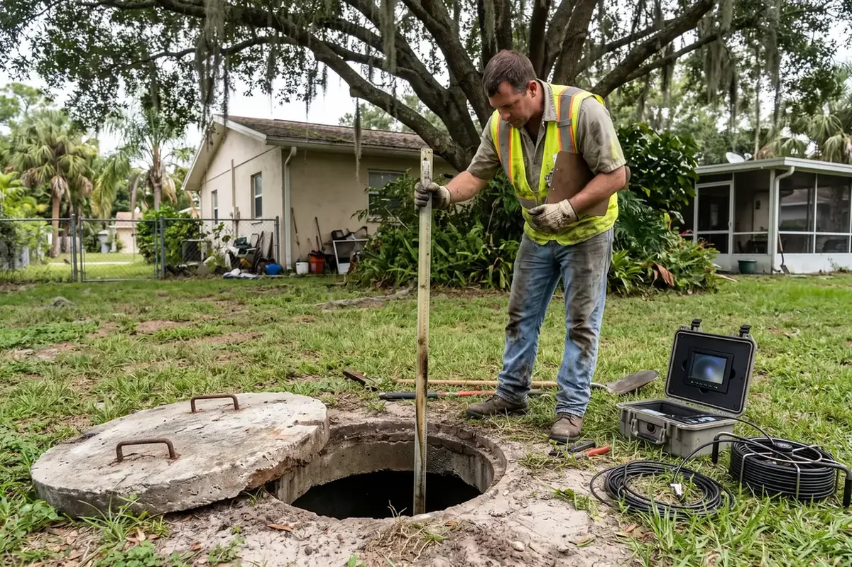 Inspector checking septic tank levels during an Ocala inspection