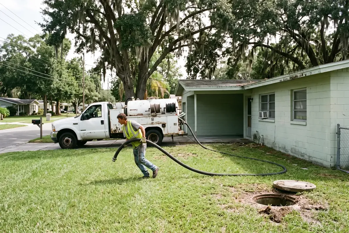 Septic tank pumping at an older block home in Belleview, FL