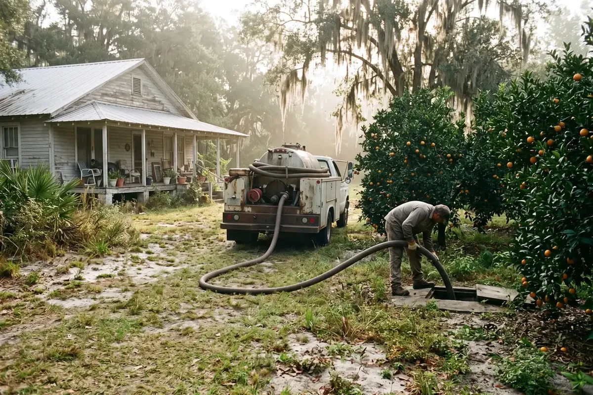 Septic pumping at a rural home with citrus trees in Citra, FL