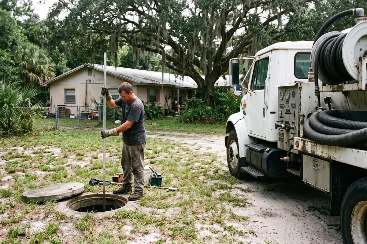 Septic technician checking tank volume before pumping in Ocala
