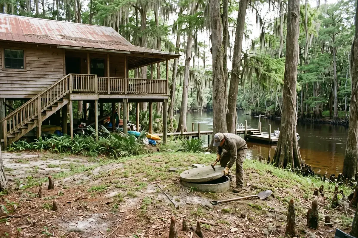 Septic service at a riverside home near Dunnellon, Florida