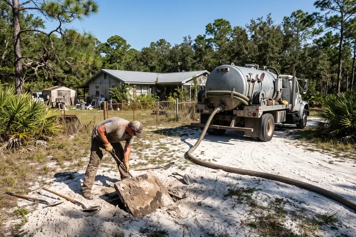 Septic truck at a rural home in the sand pine scrub near Fort McCoy