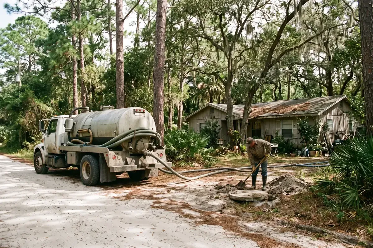 Septic pumping on a wooded sandy lot in Rainbow Lakes Estates
