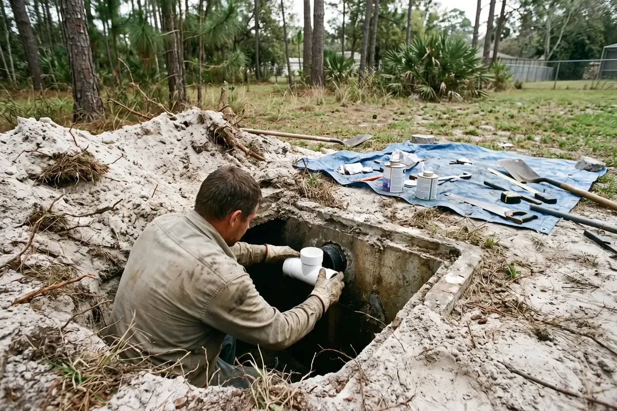 Technician replacing a septic baffle in Ocala, Florida