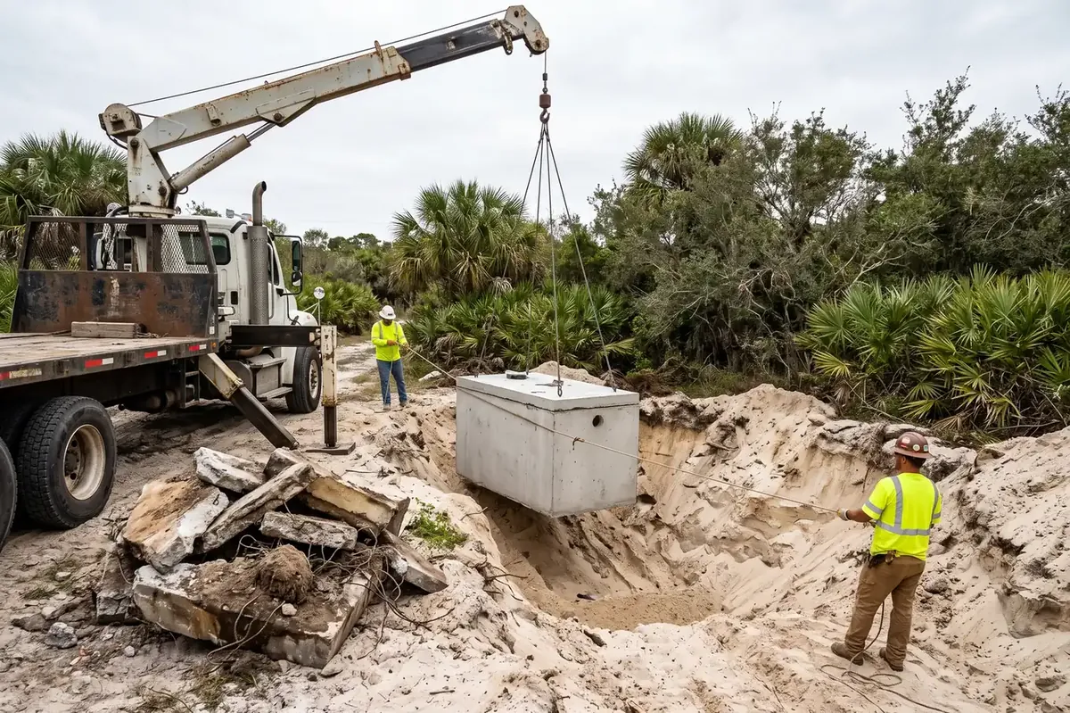 New concrete septic tank lowered into place in Ocala